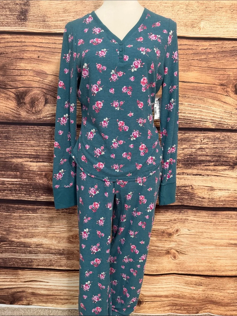 Sonoma Teal Floral Thermal Pajama Set with Pink Rose Print
